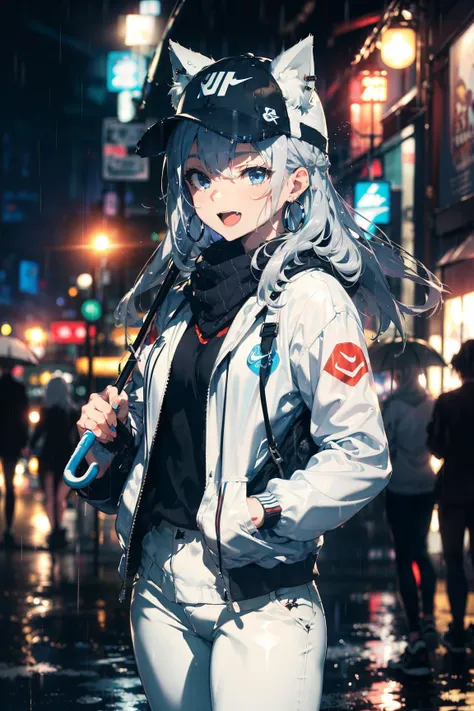 1girl, silver hair, blue eyes, holding umbrella, cat ears, long hair, scarf, (blurry background:1.4), cowboy shot, volumetric lighting, dim lighting, blurry background, at a busy interchange at night in the rain, (skinny:1.2), (depth of field:1.2), :d, earrings, sneakers, hoop earrings, white pants, nike, white jacket, baseball cap