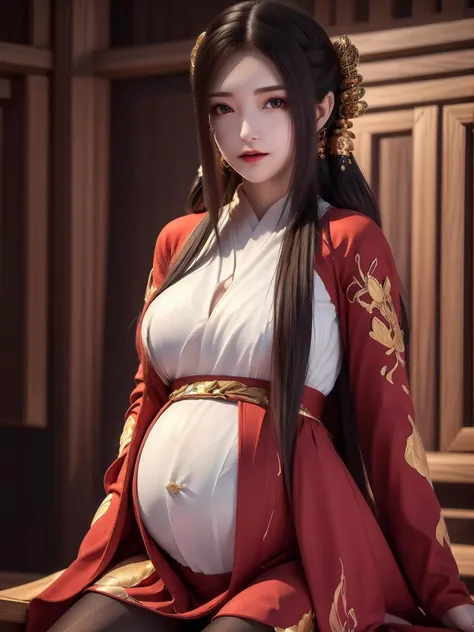 <lora:QinYining_20230814155004:0.8>QinYining, 1girl, solo, long hair, dress, hair ornament, red dress, brown hair, looking at viewer, long sleeves, sitting, blurry, blurry background, upper body, chinese clothes, ribbon, indoors, black hair,(pantyhose:1.2), pregnant, arms behind back