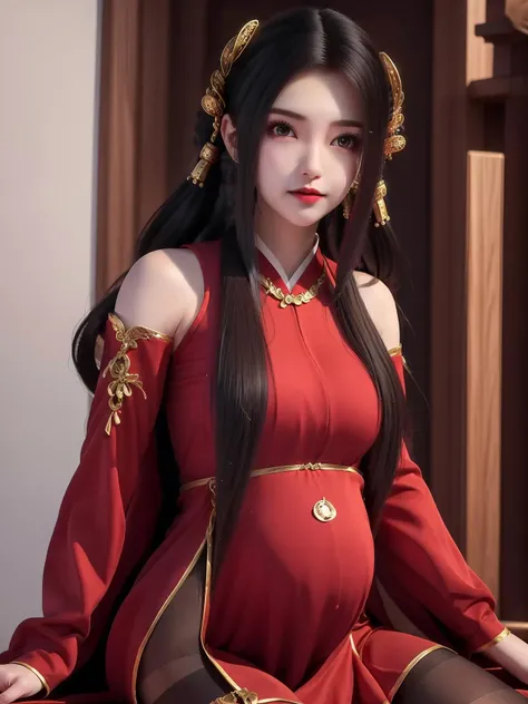<lora:QinYining_20230814155004:0.8>QinYining, 1girl, solo, long hair, dress, hair ornament, red dress, brown hair, looking at viewer, long sleeves, sitting, blurry, blurry background, upper body, chinese clothes, ribbon, indoors, black hair,(pantyhose:1.2), pregnant, arms behind back