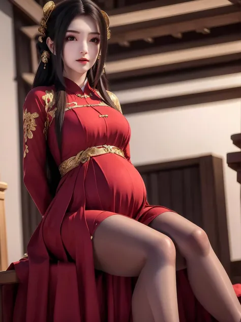 <lora:QinYining_20230814155004:0.8>QinYining, 1girl, solo, long hair, dress, hair ornament, red dress, brown hair, looking at viewer, long sleeves, sitting, blurry, blurry background, upper body, chinese clothes, ribbon, indoors, black hair,(pantyhose:1.2), pregnant, arms behind back