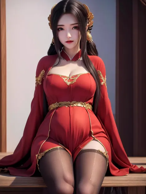 <lora:QinYining_20230814155004:0.8>QinYining, 1girl, solo, long hair, dress, hair ornament, red dress, brown hair, looking at viewer, long sleeves, sitting, blurry, blurry background, upper body, chinese clothes, ribbon, indoors, black hair,(pantyhose:1.2), pregnant, arms behind back