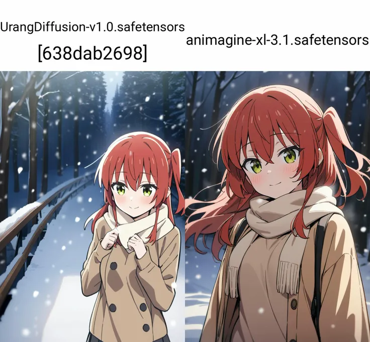 1girl, kita ikuyo, bocchi the rock!,
long hair, red hair, green eyes, side ponytail, medium breasts, sweater, scarf, light smile,
winter, snowing, snow, forest,
masterpiece, best quality,