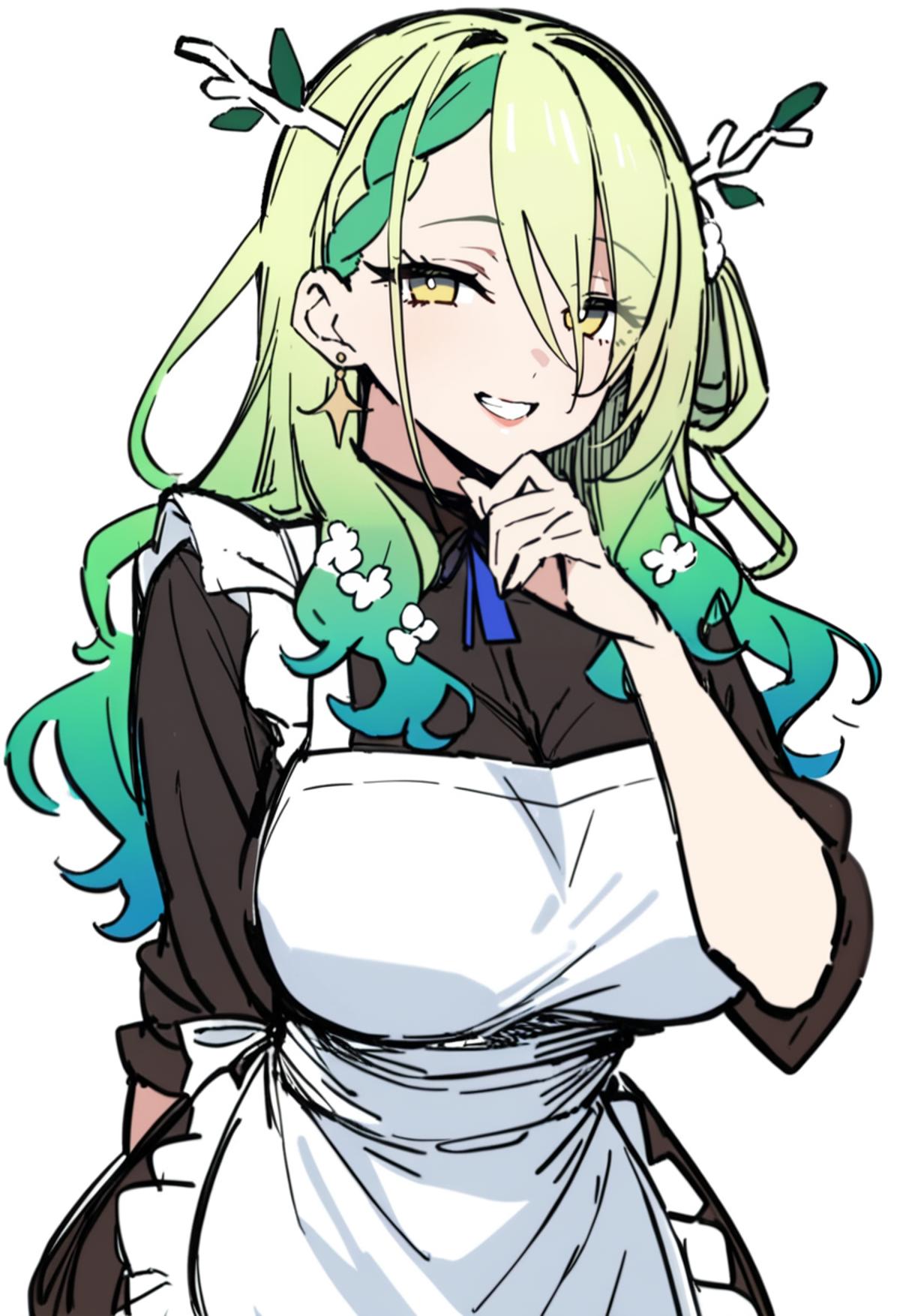 A drawing of a woman with green hair and a white apron - SeaArt AI