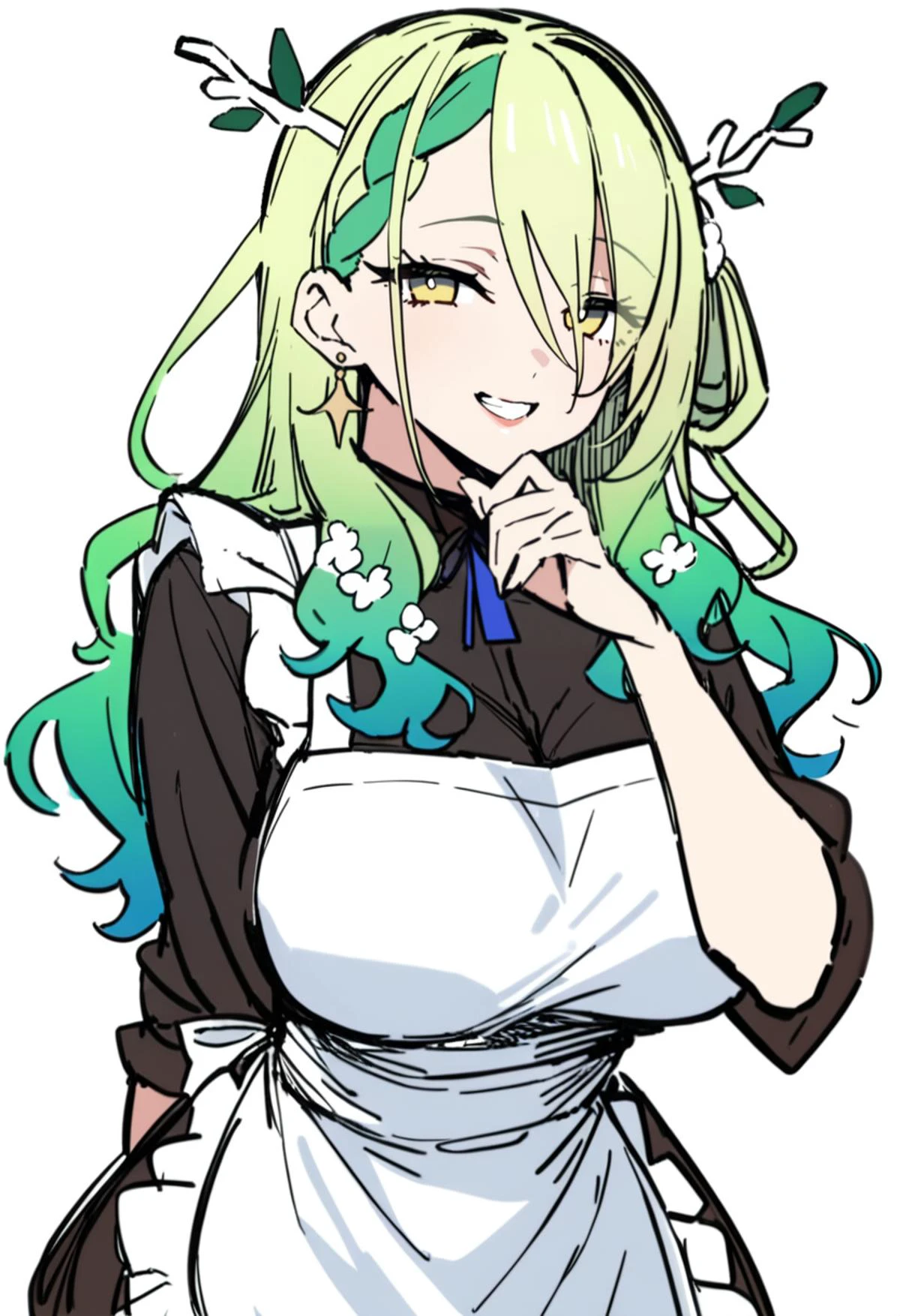 1girl, ceres fauna, sketch,
long hair, wavy hair, green hair, yellow eyes, large breasts, apron, seductive smile, teeth, hand on own chin, horns,
white background,
masterpiece, best quality,
