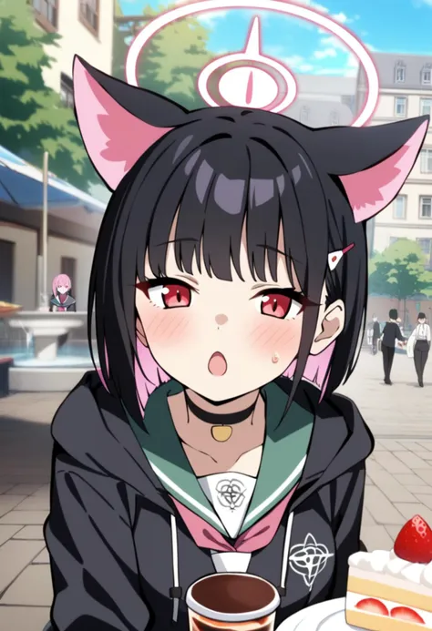 1girl, kazusa \(blue archive\), blue archive, animal ears, black choker, black hair, black jacket, blush, building, cake, cake slice, cat ears, choker, collarbone, colored inner hair, cup, day, drink, drinking straw, extra ears, food, fork, fountain, green sailor collar, hair ornament, hairclip, halo, holding, holding fork, hood, hood down, hooded jacket, jacket, long sleeves, looking at viewer, multicolored hair, open mouth, outdoors, pink hair, pink halo, red eyes, sailor collar, short hair, solo focus,
masterpiece, best quality,