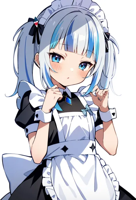 1girl, gawr gura, hololive, apron, black dress, blue gemstone, blue hair, blunt bangs, blush, bow, dress, frilled apron, frilled headband, frills, gem, headband, jewelry, looking at viewer, maid apron, maid headdress, multicolored hair, official alternate costume, official alternate hairstyle, parted lips, pendant, blue eyes, sidelocks, simple background, solo, streaked hair, twintails, virtual youtuber, white apron, white background, white bow, white hair, white headband, wrist cuffs
masterpiece, best quality,