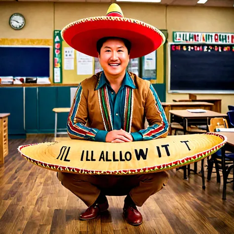 long shot,realistic photo,Ken Jeong in a large classroom with (feet up on desk:1.6),wearing giant sombrero,(sign that says "Ill allow it":1.8),<lora:Sombreros:1>,<lora:texta:0.8>,