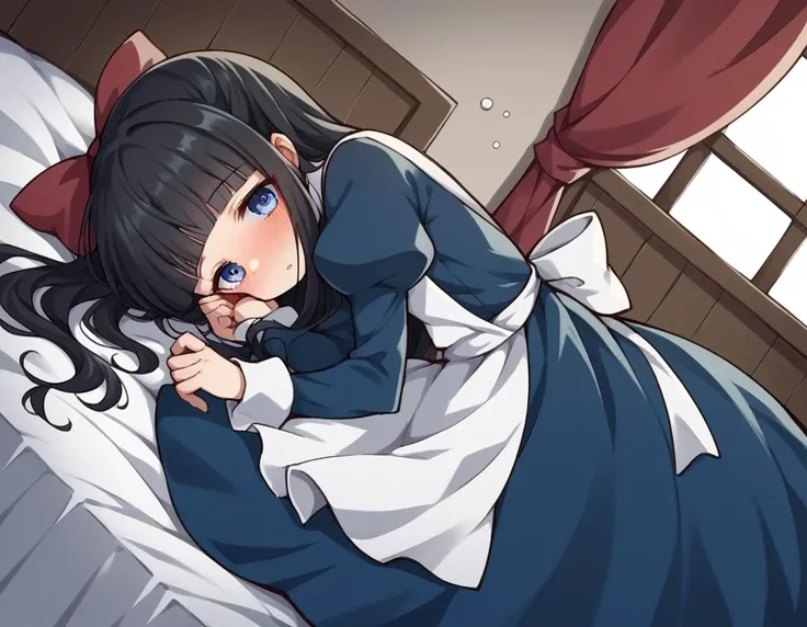 score_9, score_8_up, score_7_up, source_anime,
ayadrevis, <lora:aya-drevis-ponyxl-lora-nochekaiser:1>,
aya drevis, long hair, blue eyes, black hair, hair bow, red bow, bangs, blunt bangs,
long sleeves, dress, frills, puffy sleeves, apron, blue dress,
indoors, bed, bed room, on side, blush, drunk,
solo, looking at viewer, cowboy shot, dutch angle,