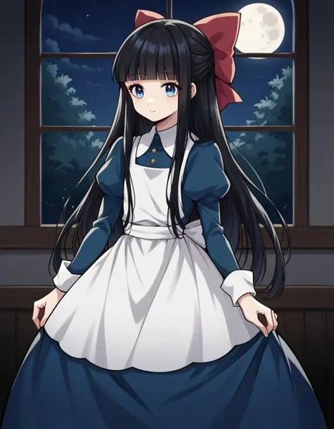 score_9, score_8_up, score_7_up, source_anime,
ayadrevis, <lora:aya-drevis-ponyxl-lora-nochekaiser:1>,
aya drevis, long hair, blue eyes, black hair, hair bow, red bow, bangs, blunt bangs,
long sleeves, dress, frills, puffy sleeves, apron, blue dress,
indoors, night, moon,
solo, looking at viewer, cowboy shot,