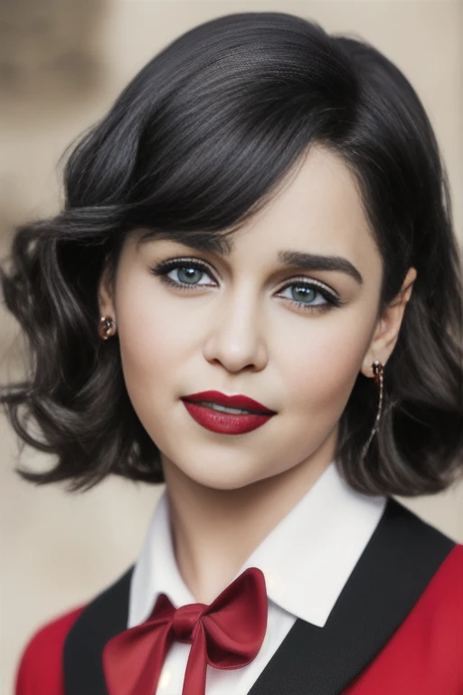 (realistic photo:1.3), (masterpiece:1.0), (detailed face:1.0), (detailed eyes:1.2), ->EmiliaClarke woman, black hair, (short black skirt:1.4),  thicc, (sexy school uniform:1.2), (bright red lipstick), (white shirt and red tie:1.2), small breasts, 4k HQ by Antonio J. Manzanedo, by Taka Tony