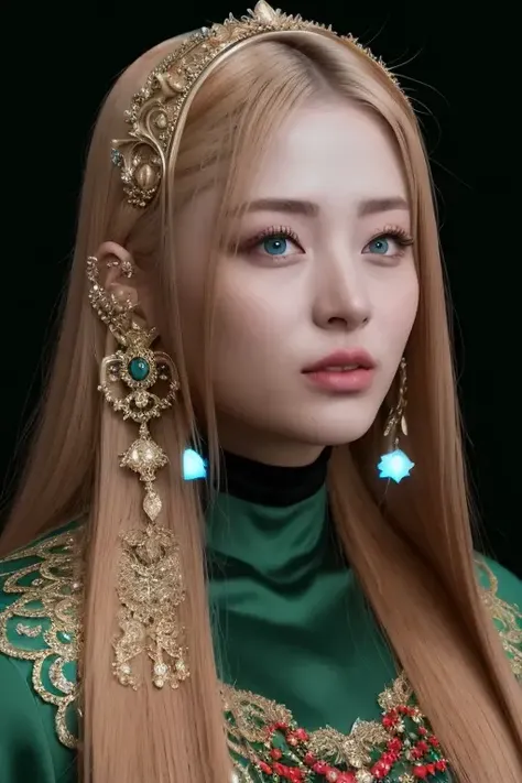 a beautiful empress portrait, blonde hair, perfect blue eyes, with a brilliant, impossible striking big Christmas headpiece, clothes Santa robes, everything Christmas, snow, symmetrical, dramatic studio lighting, rococo, baroque, greens, asian, hyperrealism, closeup, D&D, fantasy, intricate, elegant, highly detailed, digital painting, artstation, octane render, 8k, concept art, matte, sharp focus   <lora:00_Huh-Yunjin-000002:1>
