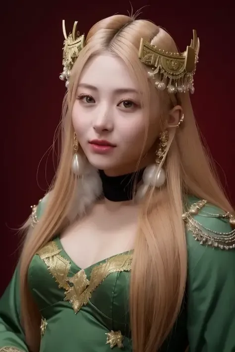 a beautiful empress portrait, smiling, blonde hair, perfect blue eyes, with a brilliant, impossible striking big Christmas headpiece, clothes Santa robes, everything Christmas, snow, symmetrical, dramatic studio lighting, rococo, baroque, greens, asian, hyperrealism, closeup, D&D, fantasy, intricate, elegant, highly detailed, digital painting, artstation, octane render, 8k, concept art, matte, sharp focus <lora:00_Huh-Yunjin-000006:1>