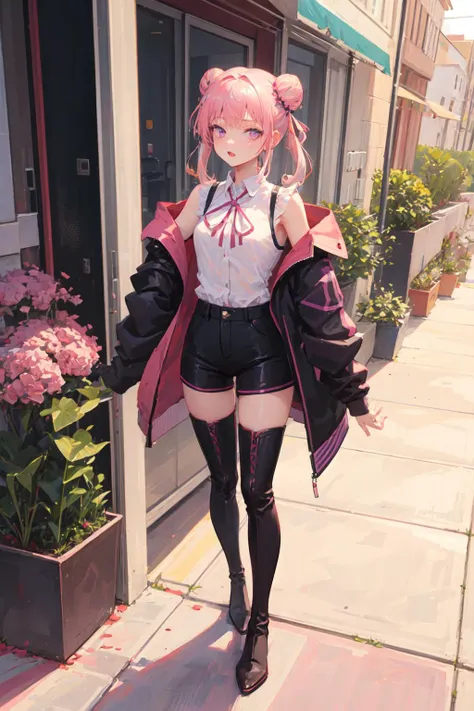 full body, 1girl, small breasts, purple eyes, pink hair, hair bun, standing, flower trim sleeveless shirt, ribbon trim cropped jacket, pants, thighhighs, thigh boots, building, apartment <lora:pastel_check:1>