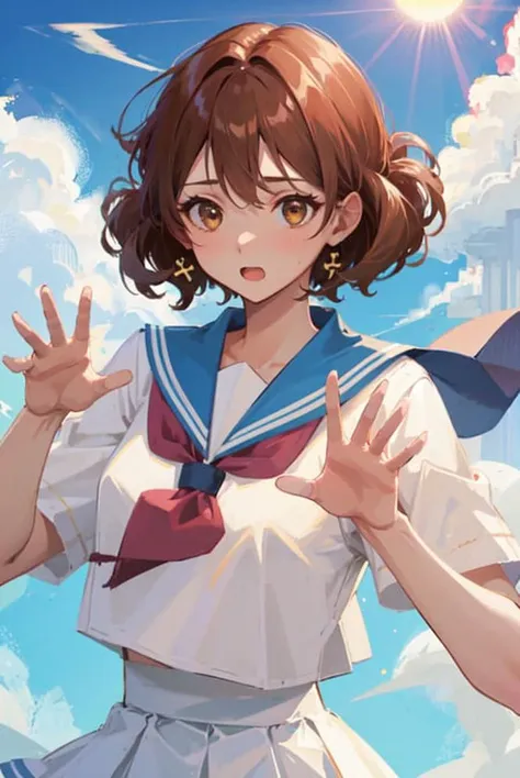 1girl, solo, school uniform, kitauji high school uniform, brown hair, sailor collar, neckerchief, blue sailor collar, shirt, short hair, pink neckerchief, brown eyes, short sleeves, white shirt, oumae kumiko,waving hands,cowboy pose,park,sunshine, , <lora:KumikoV3:1>, <lora:pastel_mix_LoCon_dim16_alpha16:1>