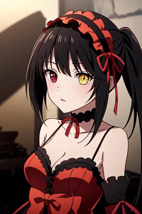 1girl, solo,
<lora:tokisaki_kurumi_v1:0.8>, aakurumi, long hair, twintails, hairband, heterochromia, medium breasts, cleavage, black choker, red ribbon, bare shoulders, gothic, red dress, red bow, detached sleeves, weird atmosphere, (best quality:1.1), (masterpiece:1.2), high quality shadow, beautiful detailed, (high detailed skin, skin details), (wide_landscape, 8k), beautiful face, detailed eyes, depth of field, dramatic light, best quality, highres, best shadow, best illumination,