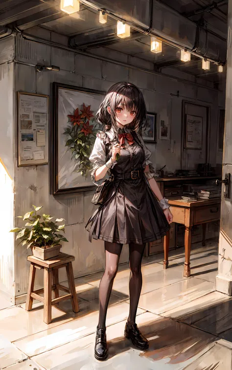 1girl,masterpiece,(highest quality:1.3),solo,indoors,(brick wall:1.3),plant,potted plant,dress,black hair,long hair,loose hair,bangs,short sleeves,black dress,black footwear,<lora:tokisaki_kurumi_v1:0.7>,<lora:add_detail>,((art room:1.3)),