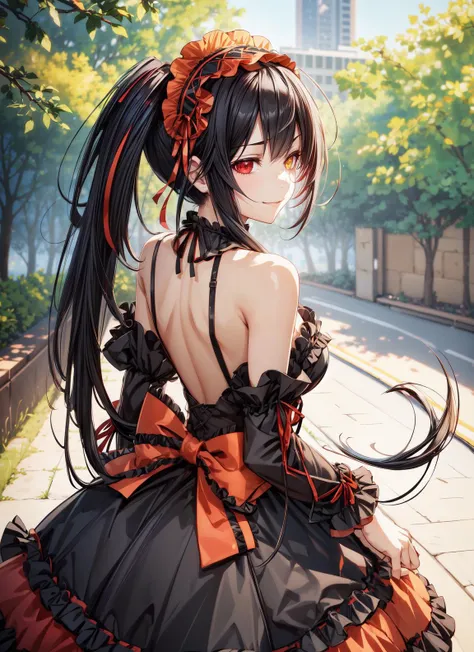 1girl,aakurumi, long hair, (twintails:1.3), hairband, (heterochromia:1.2), medium breasts, cleavage, black choker, red ribbon, bare shoulders, gothic, red dress, red bow, detached sleeves,standing,(smug:1.2),smirk,(half closed eyes),park,grass,tree,looking at viewer,(from behind),masterpiece,extremely detailed CG unity 8k wallpaper, best quality,32k,focus sharp, <lora:tokisaki_kurumi_v1:0.8>, <lora:add_detail:0.8>,