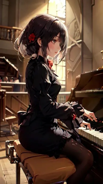 masterpiece, best quality, highres, 1girl, cckurumi, long hair, low twintails, hair flower, hair bow, gothic, black dress, ribbon, (black pantyhose), <lora:tokisaki_kurumi_v1:0.8>hair over one eye,
sitting, long_sleeves,
cowboy shot,
(black mary janes), female focus,
concert hall,
piano, playing piano, <lora:classic_piano:0.81>, from side,