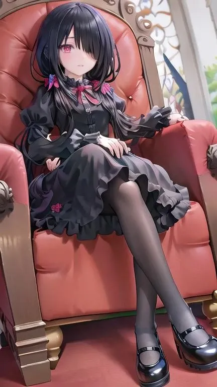 masterpiece, best quality, highres, 1girl, cckurumi, long hair, low twintails, hair flower, hair bow, (gothic, black dress), ribbon, (black pantyhose), <lora:tokisaki_kurumi_v1:0.8>hair over one eye,
long_sleeves,
(black mary janes), female focus,
footwear focus,full body, sitting, on throne, bow, footwear ribbon, <lora:maryjanes5:0.61>