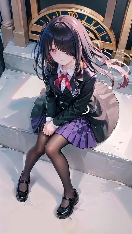 (masterpiece, best quality),1girl,black footwear,black hair,black jacket,black pantyhose,blue skirt,clock eyes,hair over one eye,jacket,knees together feet apart,long hair,mary janes,pantyhose,raizen high school uniform,red eyes,red ribbon,ribbon,school uniform,shoes,sitting,sitting on stairs,skirt,smile,solo,stairs,symbol-shaped pupils,yellow eyes  <lora:tokisaki_kurumi_v1:0.8>
 female focus, 
from above, footwear focus,full body, footwear ribbon, 
 <lora:maryjanes5:0.81>