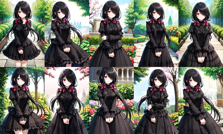 masterpiece, best quality, highres, 1girl, cckurumi, long hair, low twintails, hair flower, hair over one eye, hair bow, gothic, black dress, ribbon, <lora:tokisaki_kurumi_v1:0.8>, garden, smile, cowboy shot, standing