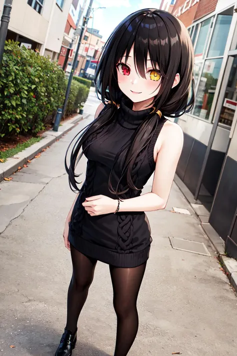 masterpiece, best quality, highres, 1girl, bbkurumi, long hair, low twintails, heterochromia, <lora:tokisaki_kurumi_v1:0.8>, sweater dress, virgin killer sweater, sleeveless, medium breasts, street, smile, black pantyhose,