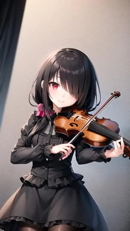 masterpiece, best quality, highres, 1girl, cckurumi, long hair, low twintails, hair flower, hair bow, (gothic, black dress), ribbon, (black pantyhose), <lora:tokisaki_kurumi_v1:0.8>hair over one eye,
standing, long_sleeves,
cowboy shot,
(black mary janes), female focus,
stage,
(playing violin:1.3),
closed mouth, smile,