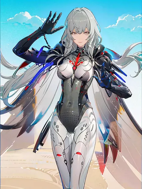 (1girl),(solo:1.2),<lora:neg4all_bdsqlsz_V3.5:1>,illustration,highres,extremely detailed 8k wallpaper,third-party edit,depth of field,game CG,
nice hands,perfect hands,<lora:GoodHands-beta2:1>,<lora:leibiliya_LoRA-000016:0.85>,walking on street,(waving at viewer:1.2),eyes closed,mouth open,wide smile,park background,
(grey hair,long hair,bodysuit,covered navel:1.2),from front,
