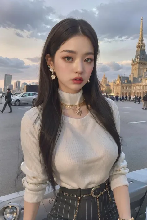 <lora:yyy-000004:0.6>1girl,cowboy_shot, Black turtleneck, Pinstriped trousers, Black loafers, Minimalist gold necklace, and stud earrings., Luminous cityscape at twilight, dominated by towering crystal spires