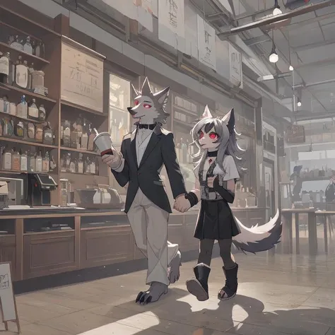 <lora:Goetia-000004:1>,, by zinfyu, arturo wolff, octavia \(helluva boss\), age difference, anthro, beverage, choker, clothed, clothing, coffee, coffee cup, container, cup, date, duo, eye contact, female, flat chested, formal clothing, formal wear, fur, grey body, grey fur, hair, hand holding, holding container, holding object, jewelry, long hair, looking at another, male, male/female, multicolored body, multicolored fur, necklace, older male, open mouth, open smile, pink clothing, red eyes, red sclera, relationship, short hair, size difference, smile, walking, white face, younger female, helluva boss, avian, bird, canid, canid demon, canine, canis, demon, hellhound, mammal, owl, owl demon, wolf, 2023, detailed, hi res