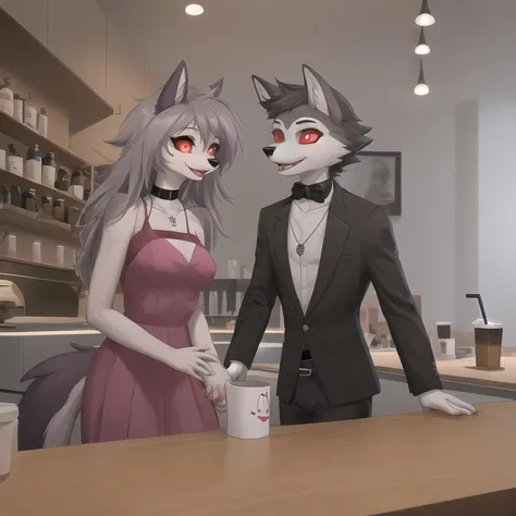 <lora:Goetia-000009:1>,, by zinfyu, arturo wolff, octavia \(helluva boss\), age difference, anthro, beverage, choker, clothed, clothing, coffee, coffee cup, container, cup, date, duo, eye contact, female, flat chested, formal clothing, formal wear, fur, grey body, grey fur, hair, hand holding, holding container, holding object, jewelry, long hair, looking at another, male, male/female, multicolored body, multicolored fur, necklace, older male, open mouth, open smile, pink clothing, red eyes, red sclera, relationship, short hair, size difference, smile, walking, white face, younger female, helluva boss, avian, bird, canid, canid demon, canine, canis, demon, hellhound, mammal, owl, owl demon, wolf, 2023, detailed, hi res