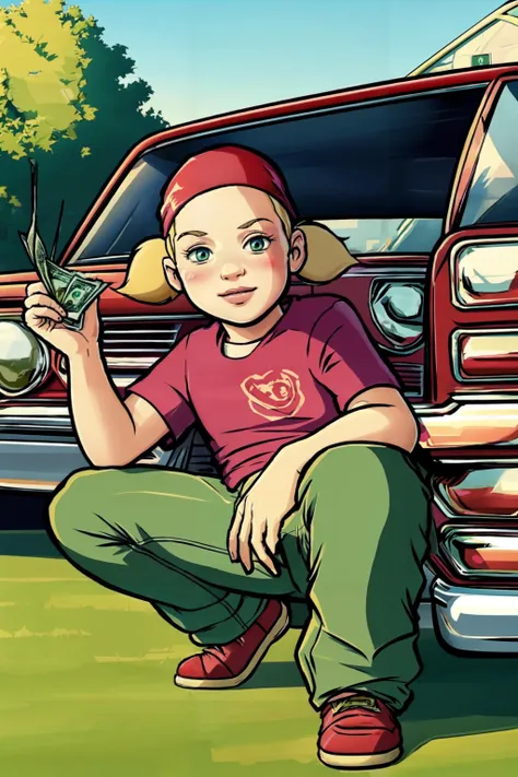 comic style, Frank Miller, <lora:Penny:0.7> blonde, twintails, blue eyes, sultry, blush, head tilt, flat chest, pleased, suburban houses, durag, squatting, spread legs, holding money, looking at viewer, convertible car in background,red shirt, green pants, shallow depth of field, highly detailed, <lora:gtasanandreas-style-richy-v1:0.8>