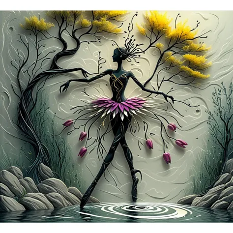 <lora:artfullyTREETTREET_SDXL_V1:1.2>, Arttrttrt ,<lora:artfullyTULIPWILLOW_SDXL_V1:1>, arttlpwllw,
<lora:artfullyWHIMSICAL_SDXL_V1:1>, artwhmscl,
, An abstract dancer made of abstract shapes is on the surface of an iridescent lake surrounded by whimsical willow trees with swirling branches that twisted like ribbons, A beautiful tulip costume is dancing ballet on the stage of an enchanted forest, and it flows around like watercolor paint. The digital art style is inspired in the style of Pixar's ' consoles rendered in Cinema4D., creating a magical atmosphere. The background is dark with glowing highlights, creating depth of field and perspective. High resolution in the style of flowing water, creating vibrant patterns in shades of magenta and yellow. The scene was bathed in soft light, creating contrast to highlight her movements. She exudes elegance as she moves around the scene like water flowing through shallow waters. A digital illustration with vibrant colors and smooth textures