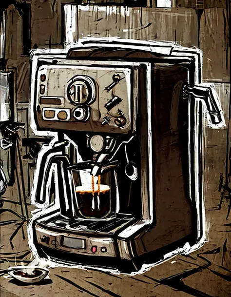 coffee machine, monochrome, brown <lora:hk_style_v1.0:1.3>