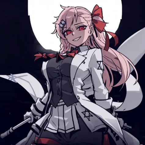1girl,black background,looking at viewer,cowboy shot,circular light source,
<lora:Helltaker:0.6>,<lora:Negev:1>,Negev,braid,one side up,hair ribbon,white jacket,skirt,black pantyhose,thigh ribbon,hexagram,Starclips,smile,huge breasts,