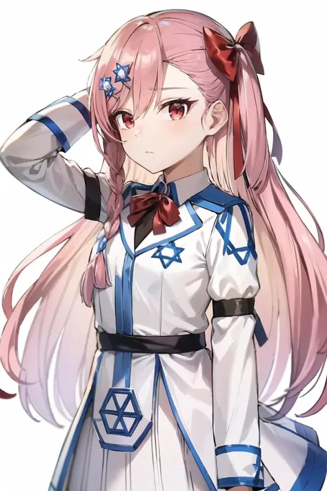 <lora:Negev:0.85>, pink hair , red eyes, closed mouth, negev, long hair , blue clothes,white clothes, dress, (star of david:1.1),
standing,upper body, small breasts, simple background, (white background:1.2),
(high quality, highres, best quality:1.2), 4k, anime girl, highly detailed face, looking at viewer, 1girl, <lora:OffsetNoise Anime:1.0>