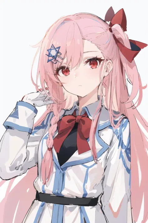<lora:Negev:0.85>, pink hair , red eyes, closed mouth, negev, long hair , blue clothes,white clothes, dress, (star of david:1.1),
standing,upper body, small breasts, simple background, (white background:1.2),
(high quality, highres, best quality:1.2), 4k, anime girl, highly detailed face, looking at viewer, 1girl, <lora:NoiseOffset_v2:1.0>