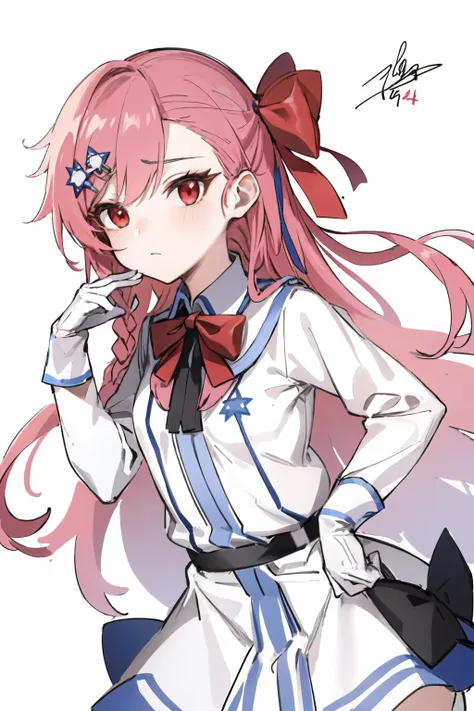 <lora:Negev:0.85>, pink hair , red eyes, closed mouth, negev, long hair , blue clothes,white clothes, dress, (star of david:1.1),
standing,upper body, small breasts, simple background, (white background:1.2),
(high quality, highres, best quality:1.2), 4k, anime girl, highly detailed face, looking at viewer, 1girl, <lora:NoiseOffset_v2:1.0>