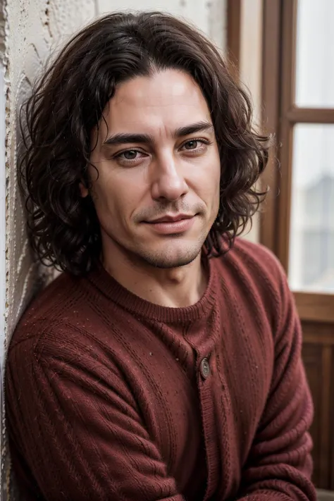 an extremely close portrait of cla7k_n0texist a ((heavy wool jumper)), leaning against a wall, a smile, headshot, looking at the camera, facing the camera, dynamic lighting, photorealistic, high detail, detailed, masterpiece, 8k, highres, flawless, colour, professional