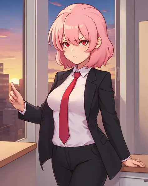 cowboy shot, pink hair, medium hair, red eyes, serious, breasts, suit, white undershirt, black jacket, red necktie, black pants, office, sunset, window, <lora:Dedalo:0.8>