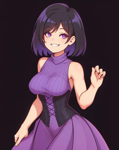 cowboy shot, black hair, short hair, goth, purple dress, long sleeve, black corset, purple eyes, breasts, smile, simple background, black background, <lora:Kabeume:0.8>