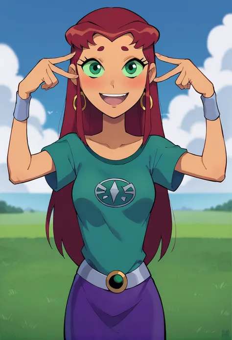 score_9, score_8_up, score_7_up, BREAK
source_cartoon, 2d, masterpiece, best quality, 1girl, starfire, DC, titans, cartoon network, flat color, detailed face, hoop earrings, looking at viewer, standing,  laughing, petite, cute, skinny, (blush:1.1), teen titans, red hair, long hair, green eyes, orange skin, aqua t-shirt, collarbone, solo, simple background, blue sky, saturated sky color, cloud, grass, meadow background, <lora:Style_Western.Cartoon.Classic.Disney_Pony.XL:0.5> <lora:Concept_Ai.Hoshino.Pose_Pony.XL:0.7> aihoshinopose, double v, <lora:Starfire_Pony.XL:0.7>