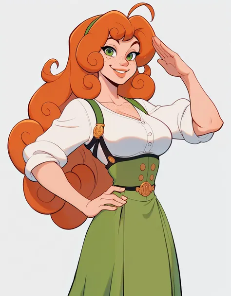 1girl, Penny Polendina, large breasts, lips, orange hair, ahoge, long hair, green eyes, freckles, salute, hand on hip, smile, confident, score_9, score_8_up, score_7_up, score_6_up, score_5_up, score_4_up, <lora:WesternCartoonClassicDisney100:1>