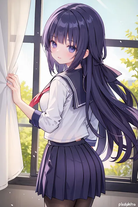 1girl, raiden mei, <lora:Char_Honkai_Raiden_Mei_adult:0.7>, cowboy shot, looking at viewer, light smile, serafuku, sailor collar, pleated skirt, pantyhose, classroom, window, backlighting