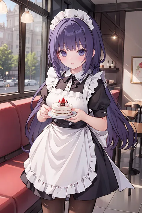 1girl, raiden mei, <lora:Char_Honkai_Raiden_Mei_adult:0.7>, maid, maid headdress, maid apron, pantyhose, light smile, cowboy shot, restaurant, holding cake, indoors,  <lora:maid_cosplay:0.5>