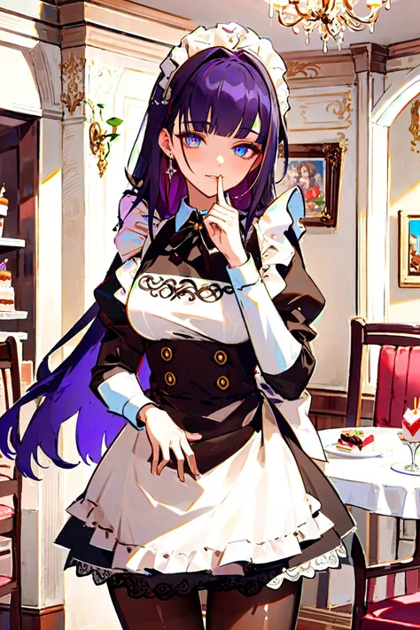 (masterpiece, best quality, ultra-detailed, beautiful detailed eyes:1.2), nice hand, perfect hands, <lyco:GoodHands-beta2:1.0>, 1girl, raiden mei, maid, maid headdress, maid apron, pantyhose, cowboy shot, restaurant, holding cake, indoors, <lora:maid_cosplay:0.5>