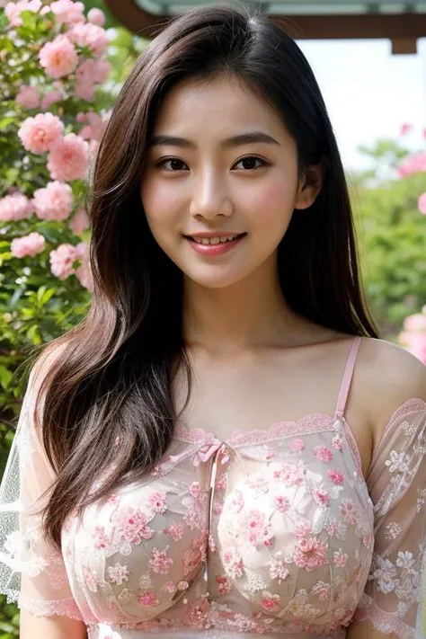 flower park, pink flower, korea japanese chinese woman face, sexy face and perfect eyes, c cup tits, asian girl face , sexy woman , big eyes, large breast, sexy breast , Mesh Full Bloom Layering Top,(RAW photo:0.8),(photorealistic:1.2),smile,