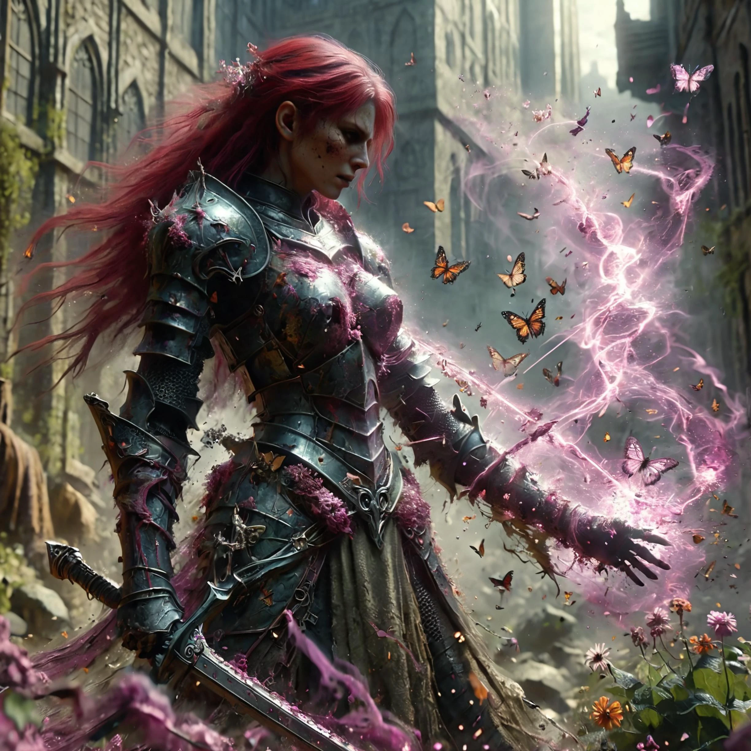 HDR, high resolution, extreme detail, 1female demon knight standing inside a village with big buildings. She was teleported by (one magic circle) on the ground from her world and is suprised by the vivid and pieceful landscape. The vivid and lifeful details make her confused.,armored,19yo,beautiful,stunning seductive,<lora:DetailedEyes_V3:0.8>,<lora:DonMM4g1cXL-v2.1>,<lora:RMSDXL_Enhance:0.8>,<lora:add-detail-xl:0.8>,red and purple hair,slender,medium breasts,<lora:Dark_Particles_Style_SDXL:0.5>,gothic,medieval,flustered,cinematic_angle,holding a grounded scythe,flowers,butterflies,reality,detailed natural skin,<lora:Soul_Knight_SDXL_-_By_HailoKnight:0.6>,soul knight,rim light,