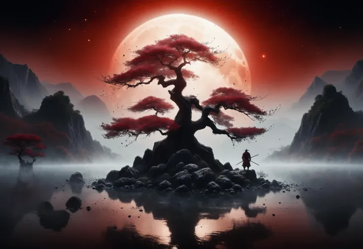 One lone samurai under a tree,armor,and the ethereal beauty of a mystical landscape under the red moonlight. The scene should be illuminated by a large,radiant moon,casting its glow upon a twisted,yet majestic tree with blossoms that seem to sparkle in the night. The tree roots should be deeply embedded into rocky terrain,symbolizing its ancient existence. In the background,towering mountains loom,their peaks veiled in mist. A serene lake at the foot of the mountains reflects the moons luminescence. Incorporate elements that evoke a sense of magic and mystery.,45 megapixel,<lora:add-detail-xl>,<lora:Dark_Particles_Style_SDXL:0.8>,ais-darkpartz,red moon,,high resolution,extreme detail