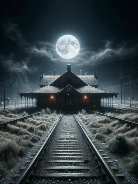 A ghostly abandoned train station under a full moon, with ais-darkpartz drifting through the empty platforms and tracks. <lora:Dark_Particles_Style_SDXL:1>